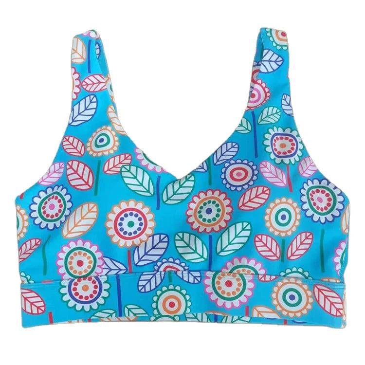 Wholesale custom sublimated full colorful pattern printed padded adjustable buckle fitness sports bra