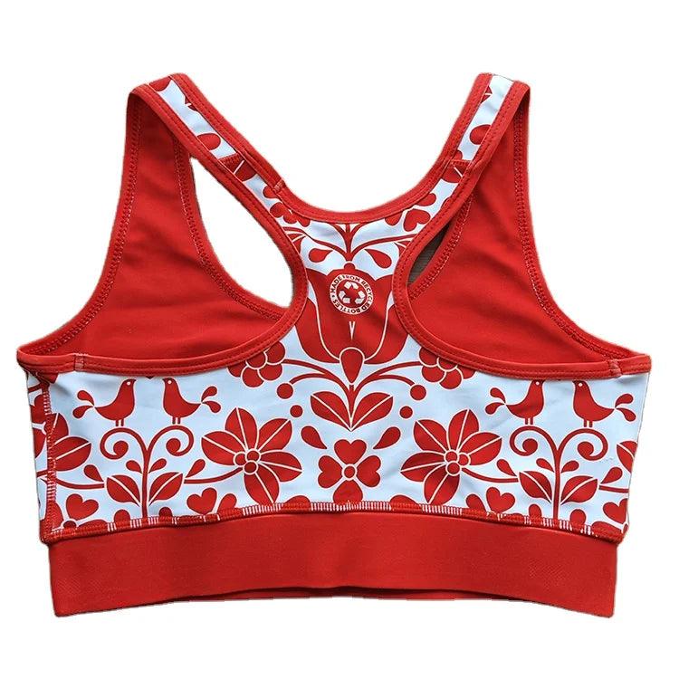 Sujetador deportivo de yoga con banda elástica y espalda de nadadora con estampado de flores personalizado y sublimación de tela teñida completamente impresa para mujer 