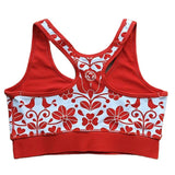 Heißer Verkauf individueller Blumenmuster-Sublimations-Volldruck gefärbter Stoff Racerback-Yoga-Sport-BH mit Gummiband für Frauen 