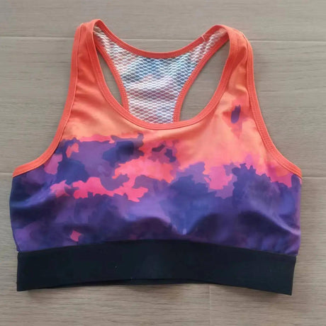 Großhandel mit benutzerdefiniertem Muster für die Sublimation, hochwertiger Racerback-Sport-BH aus voll bedrucktem Mesh-Gewebe mit Gummiband 