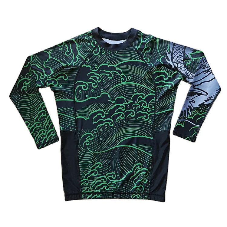 2024 Newest Green Design Your Own Sublimation MMA Manufacturer  Wholesale  Custom Printed Long Sleeves Men Rash Guard