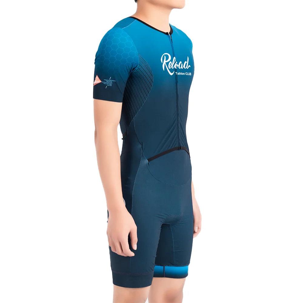 Traje de triatlón de manga corta con cremallera completa, transpirable, antibacteriano, color azul oscuro, compatible con servicio OEM ODM 