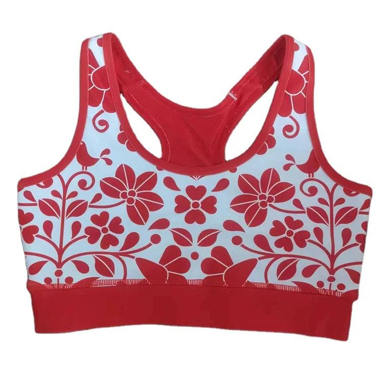 Heißer Verkauf individueller Blumenmuster-Sublimations-Volldruck gefärbter Stoff Racerback-Yoga-Sport-BH mit Gummiband für Frauen 