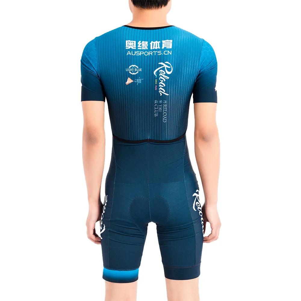 Traje de triatlón de manga corta con cremallera completa, transpirable, antibacteriano, color azul oscuro, compatible con servicio OEM ODM 