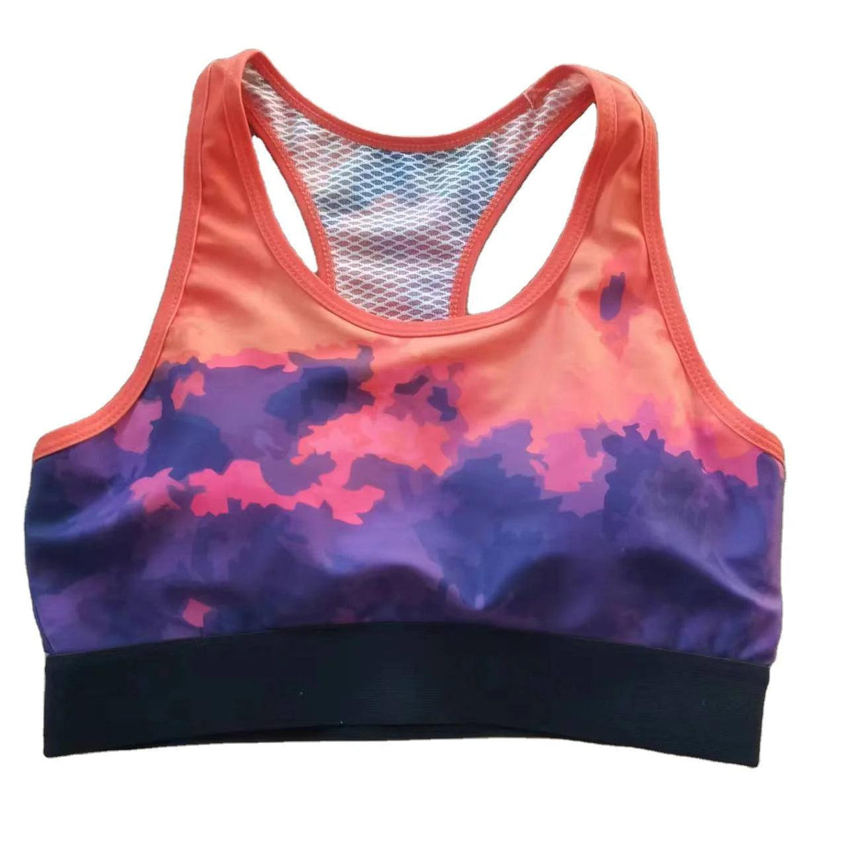 Großhandel mit benutzerdefiniertem Muster für die Sublimation, hochwertiger Racerback-Sport-BH aus voll bedrucktem Mesh-Gewebe mit Gummiband 